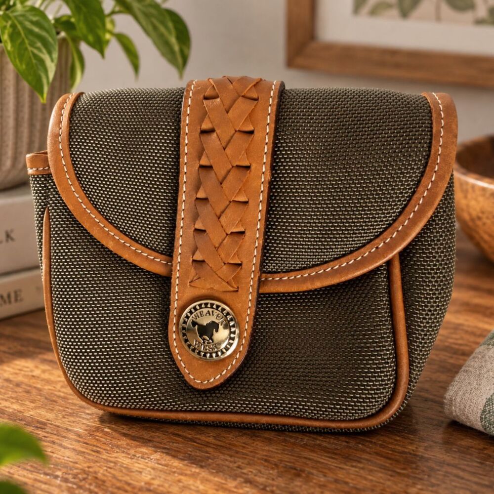 Weaver West Green Cordura Nylon Leather Trim Crossbody Saddle Bag EUC